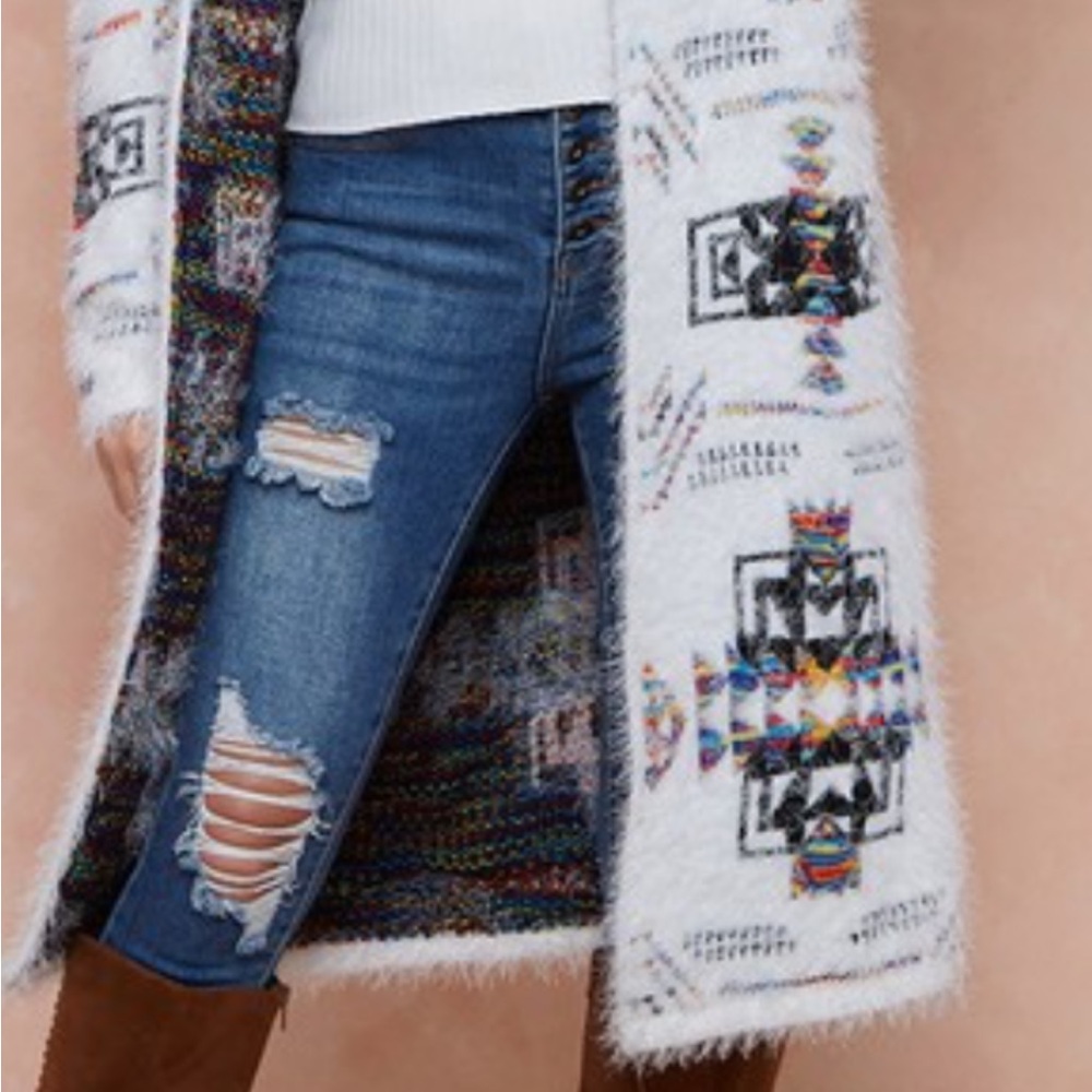 Aztec Rainbow Boho Cowichan Jacquard Eyelash Fuzzy Cardigan Knit Sweater - Picture 8 of 9